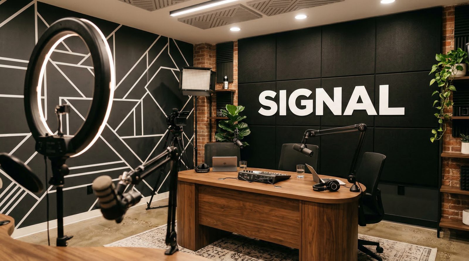 Branded podcast studio environment